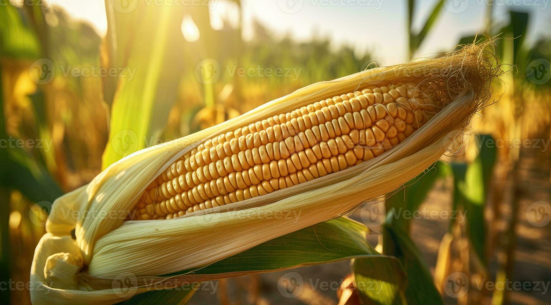 Corn cobs in agriculture field. Generative AI photo