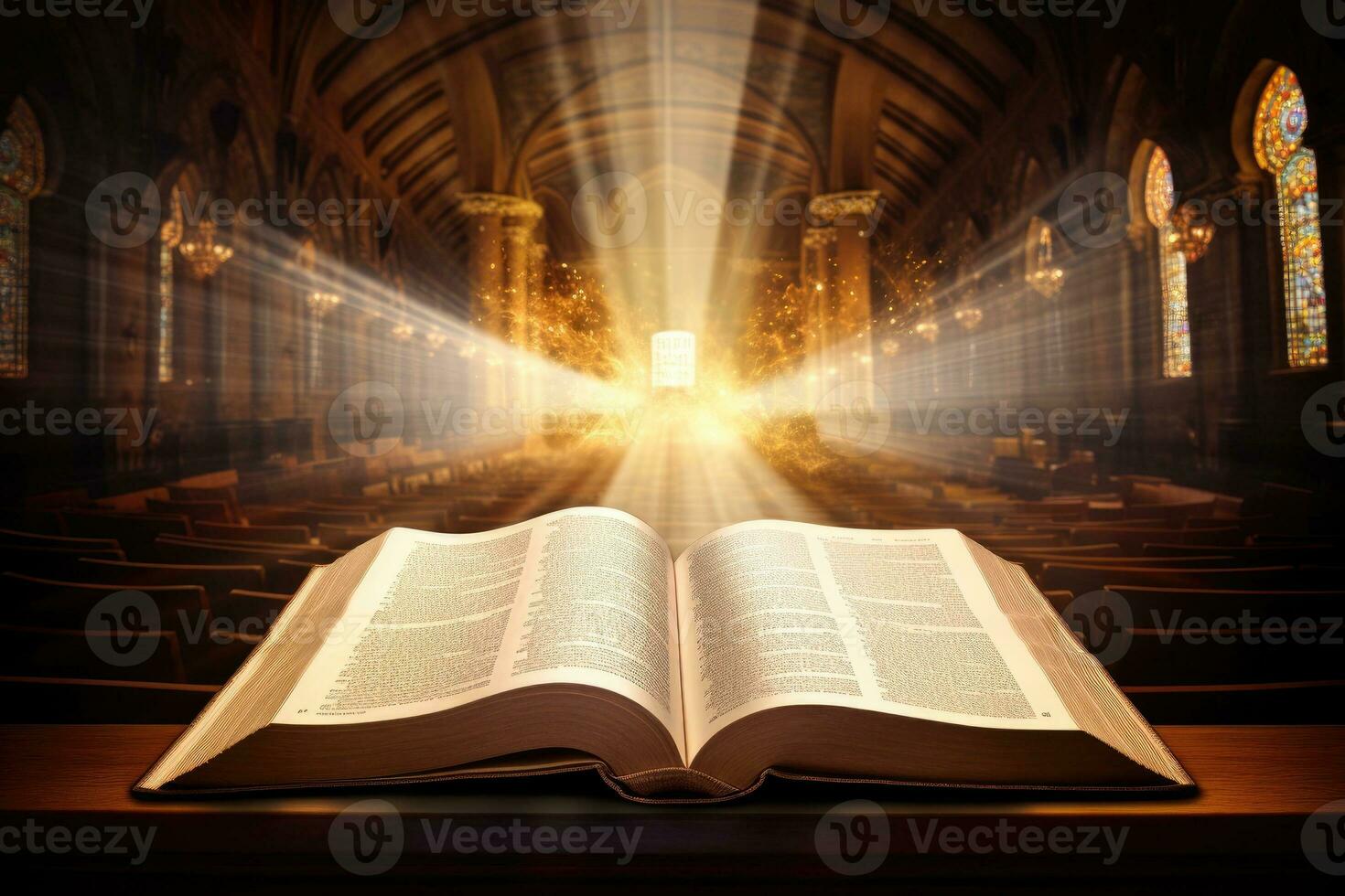 Open holy bible book with glowing lights in church photo