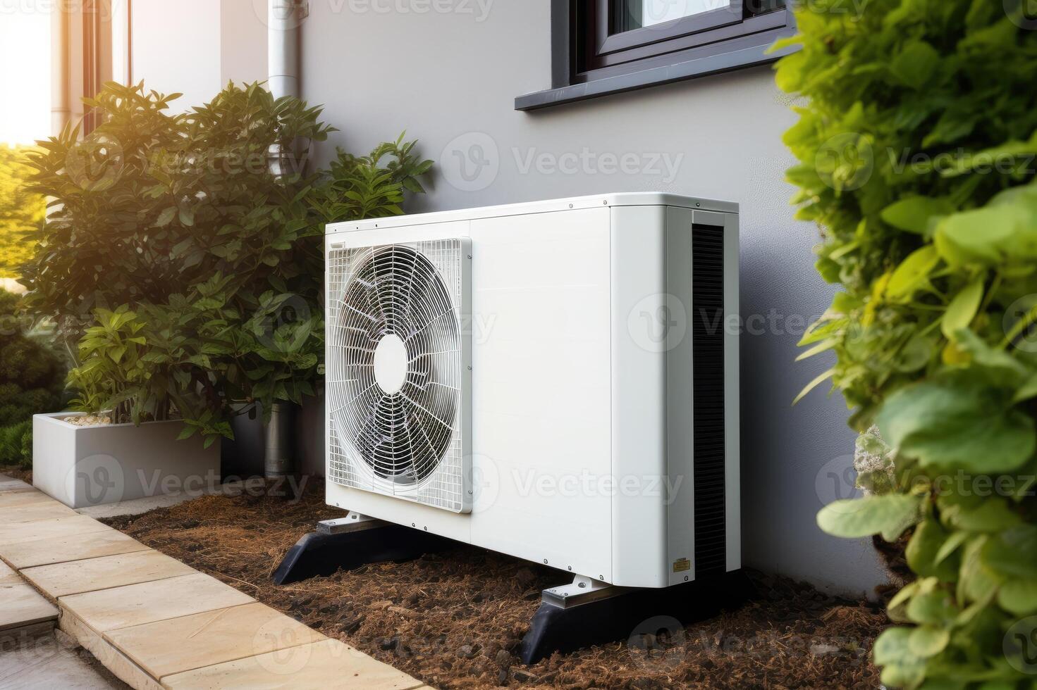 Air source heat pump installed in residential building. Generative AI photo