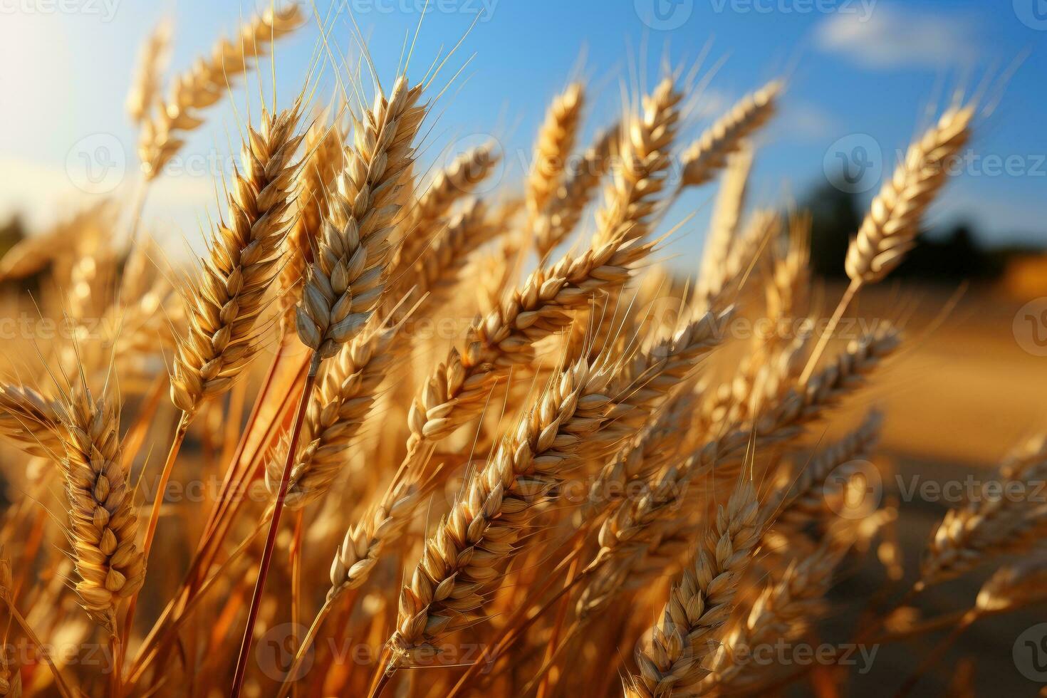 Gold wheat field and blue sky. Generative AI photo