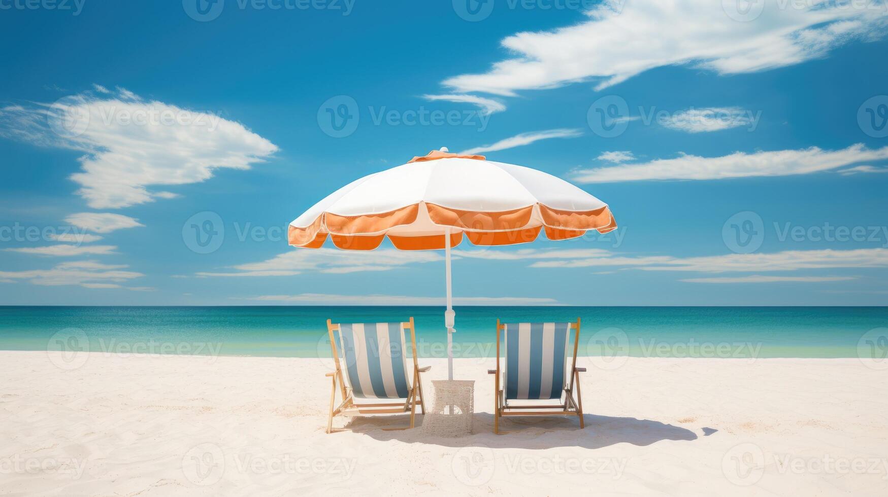 Beach chairs and umbrella on a white sandy beach. Generative AI photo