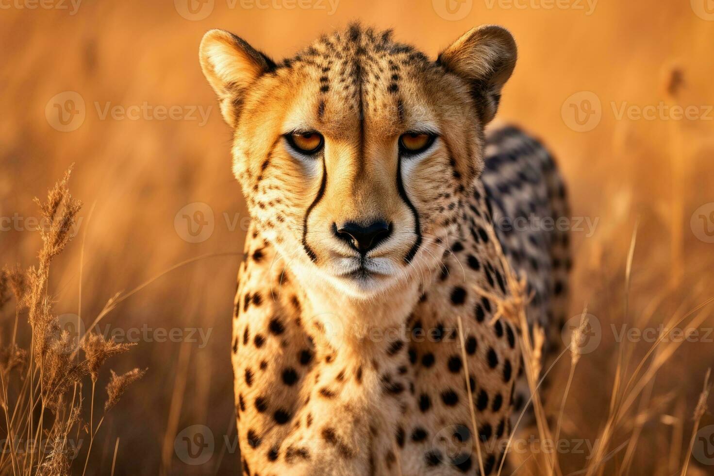 Cheetah, Acinonyx jubatus stands in long grass in savannah. Generative AI photo