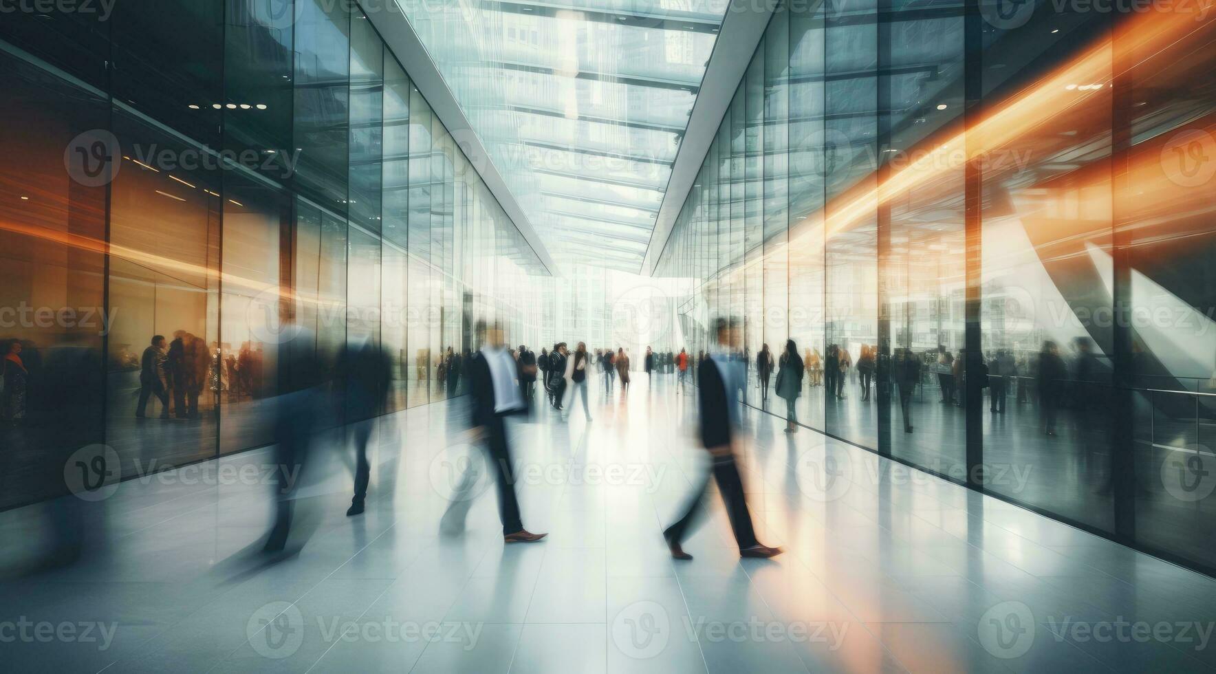 Long exposure shot of crowd of business people walking in bright office lobby, digital ai. photo