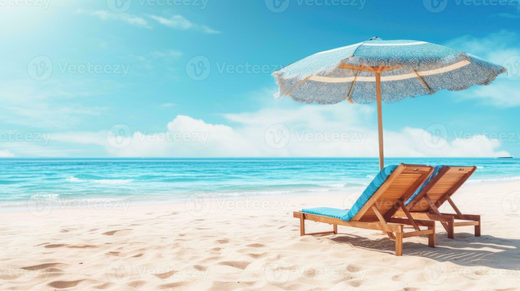 Beach chairs and umbrella on a white sandy beach. Generative AI photo