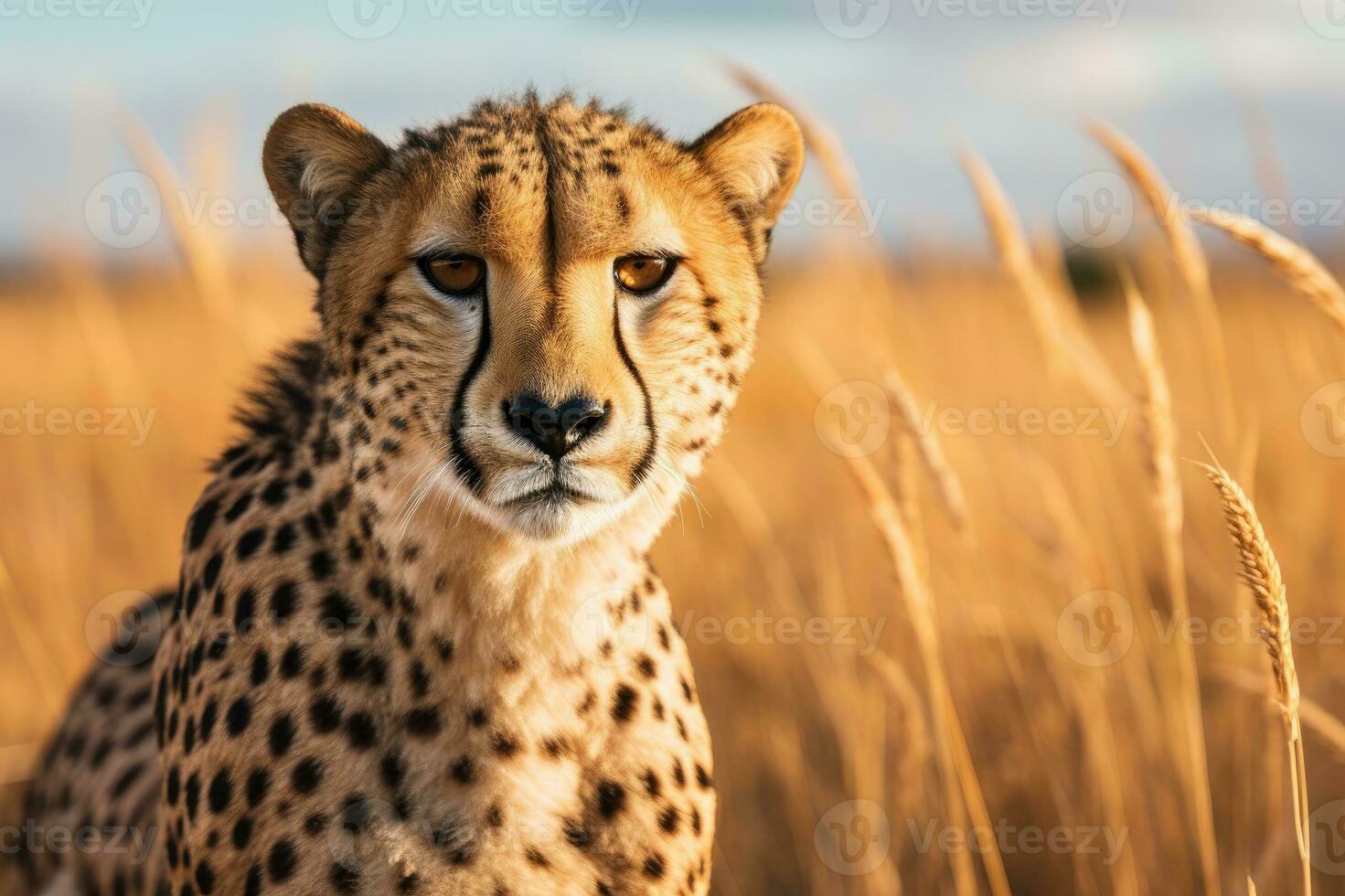 Cheetah, Acinonyx jubatus stands in long grass in savannah. photo