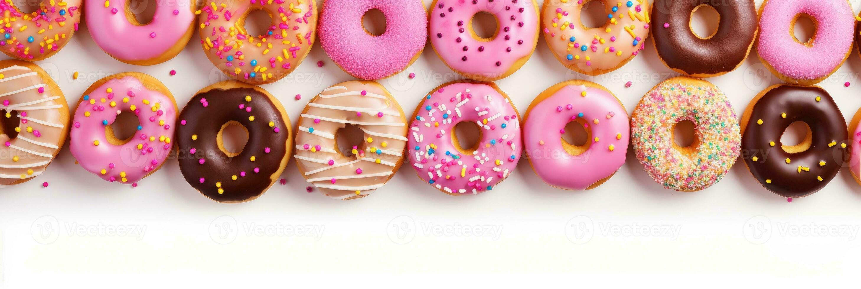 Top view of many colorful pink sweet delicious donuts. Generative AI photo