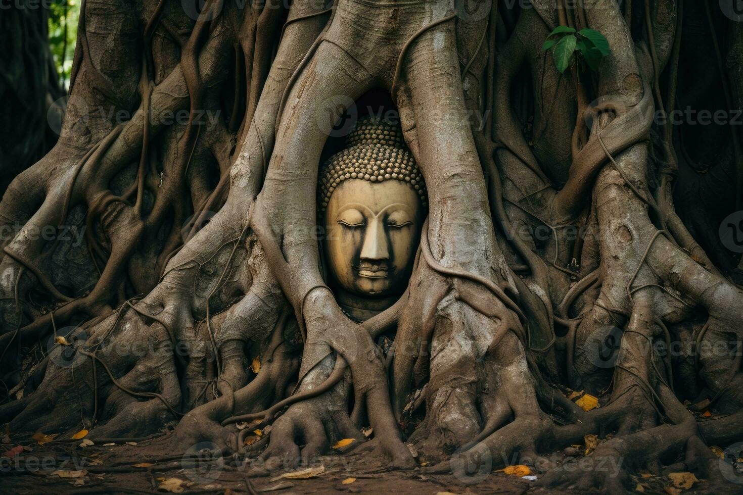 Ancient buddha statue under big tree. Generative AI photo
