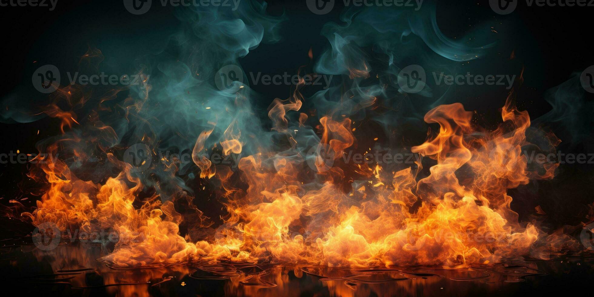 Fire flames and smoke on black background. Generative AI photo