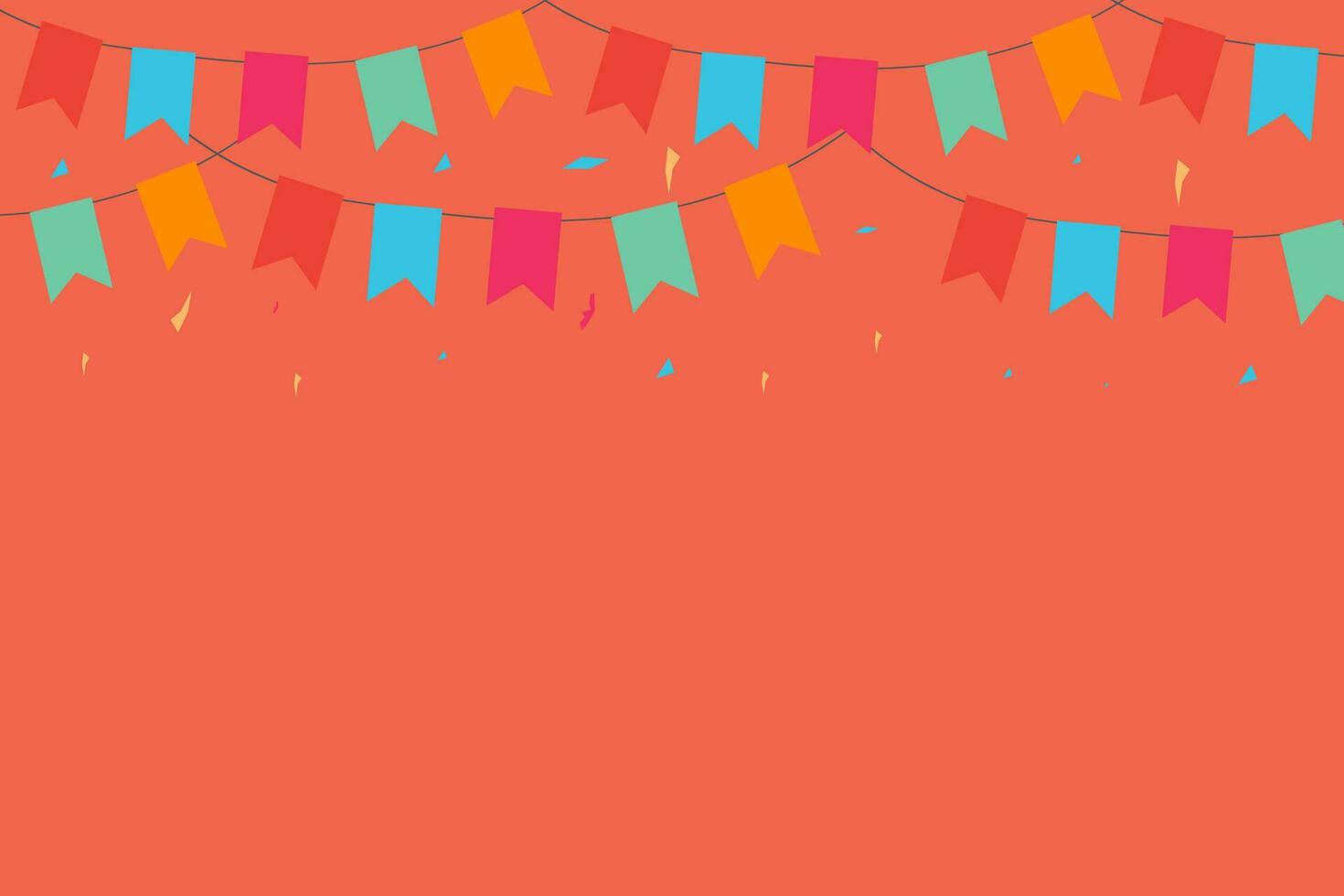 Flate design of celebrate horizontal orange banner composed with party flags with confetti. Vector illustration.