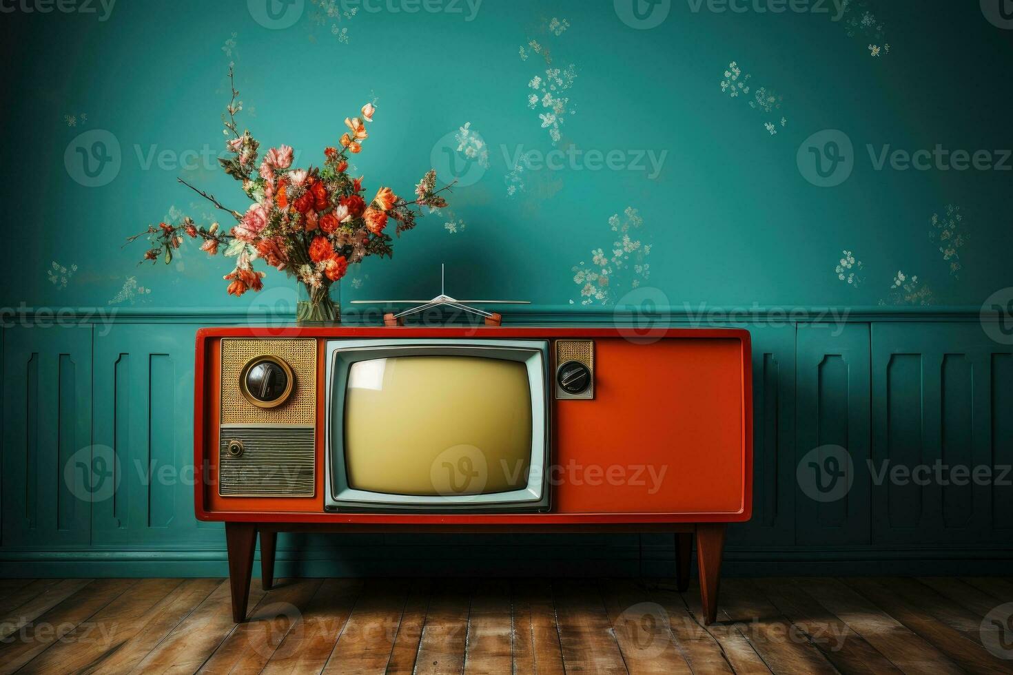 Clásico televisión en contra el pared. retro estilo. generativo ai foto