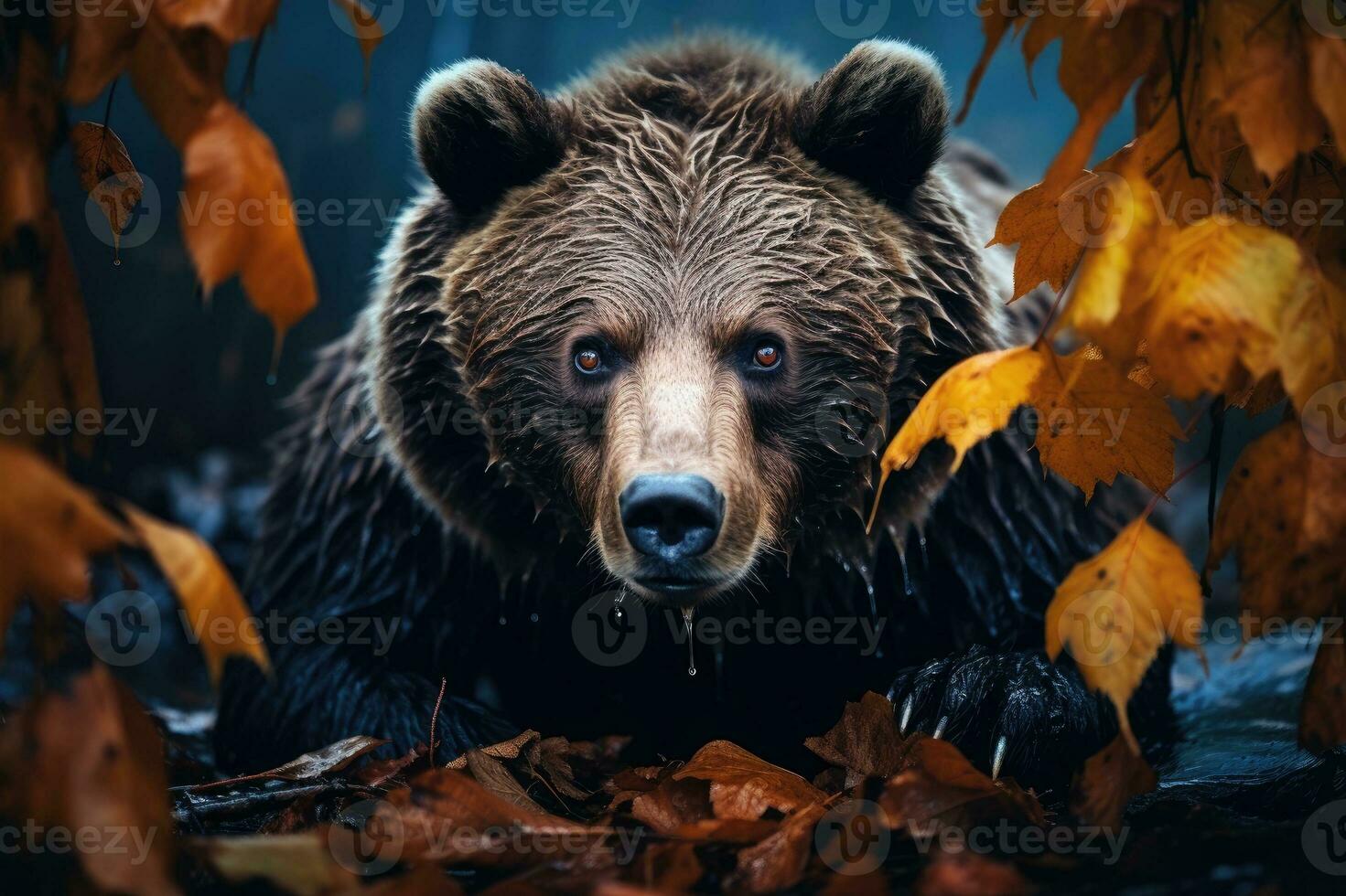 Frontal view of a bear in the autumn forest photo