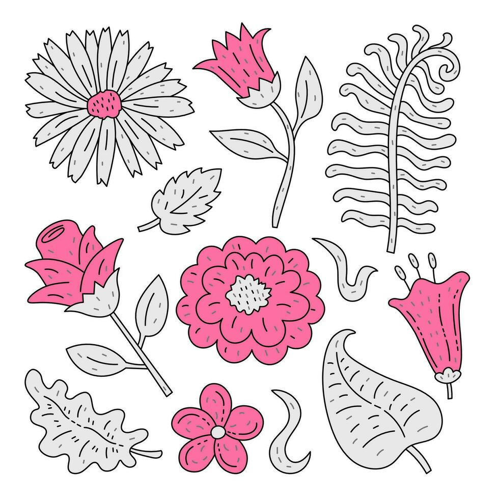 Botanical doodle collection with flowers and leaves vector