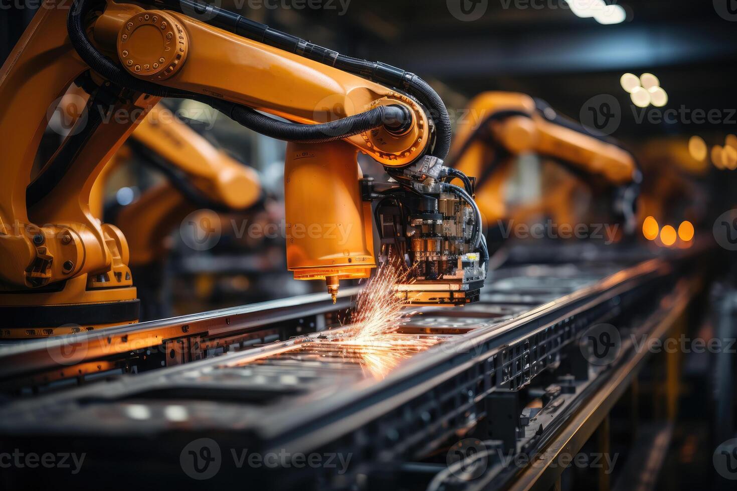 Robotic arm for electronic assembly line. Smart modern factory automation using advanced machines. photo
