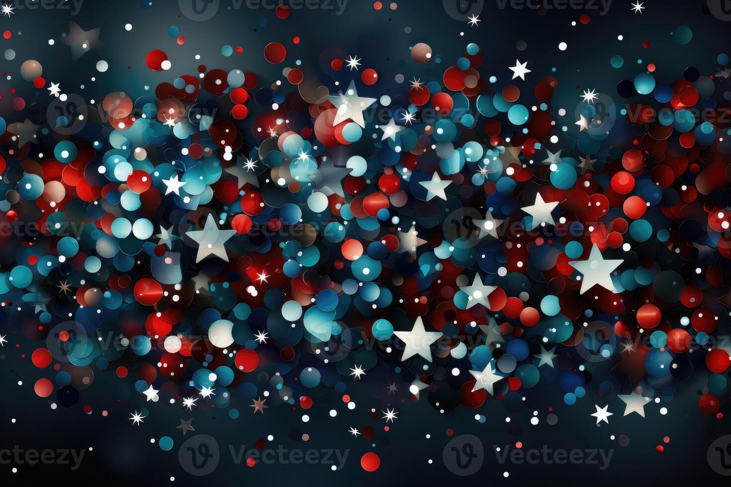 Background of red, white, and blue sparkling glitter scattered with shiny stars confetti. 4th of July celebration background. photo
