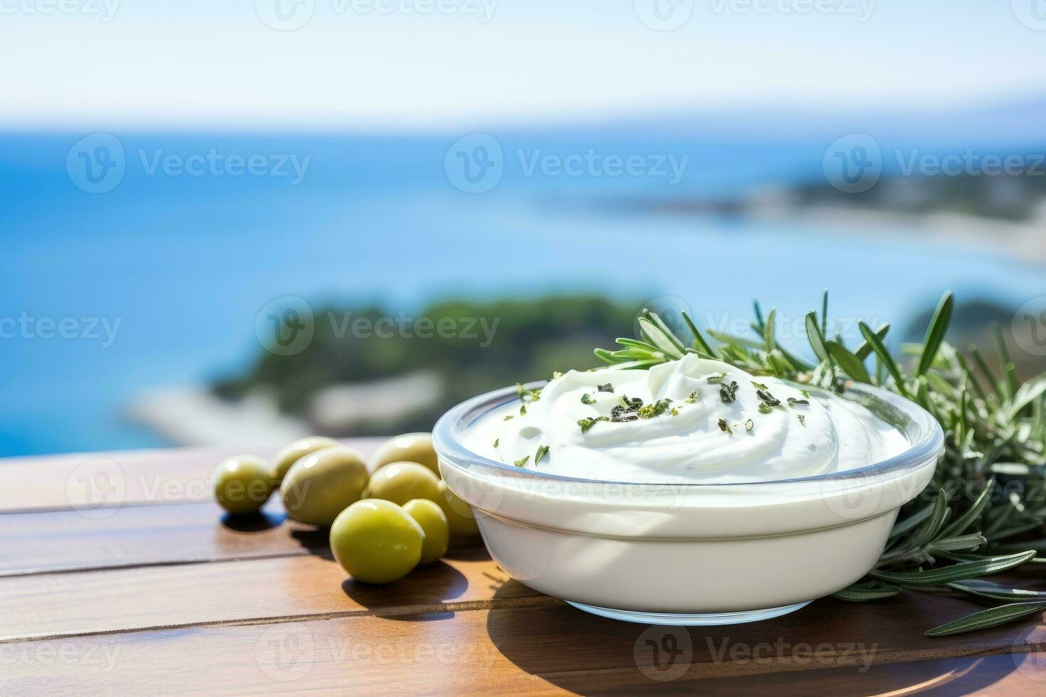 Close up view of tzatziki on Greek table, sea in background. photo