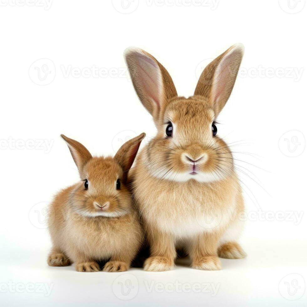 Conejo y conejito en blanco antecedentes. generativo ai foto