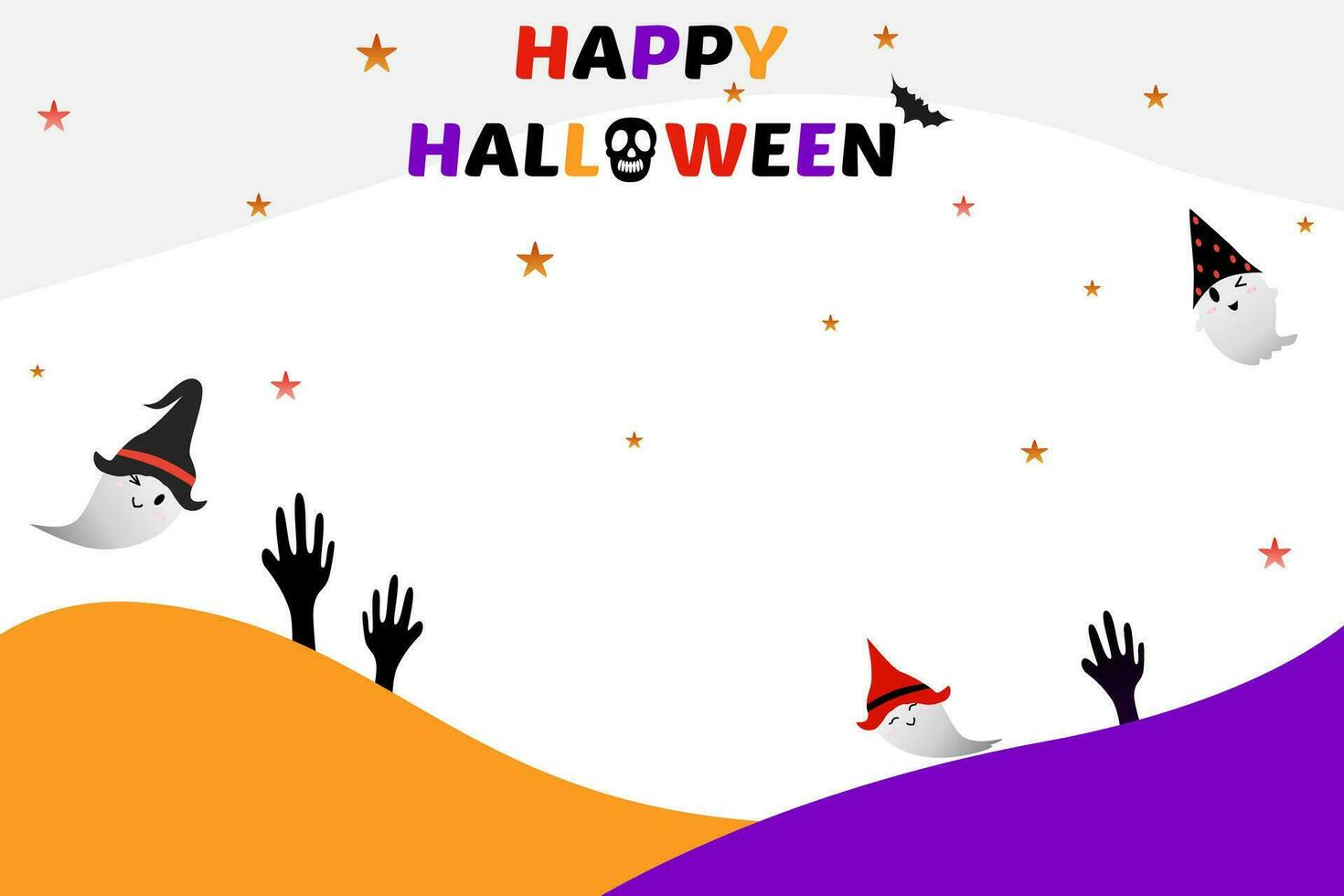 Vector - Cute white ghost flying, black hand from ghost with word Happy Halloween.