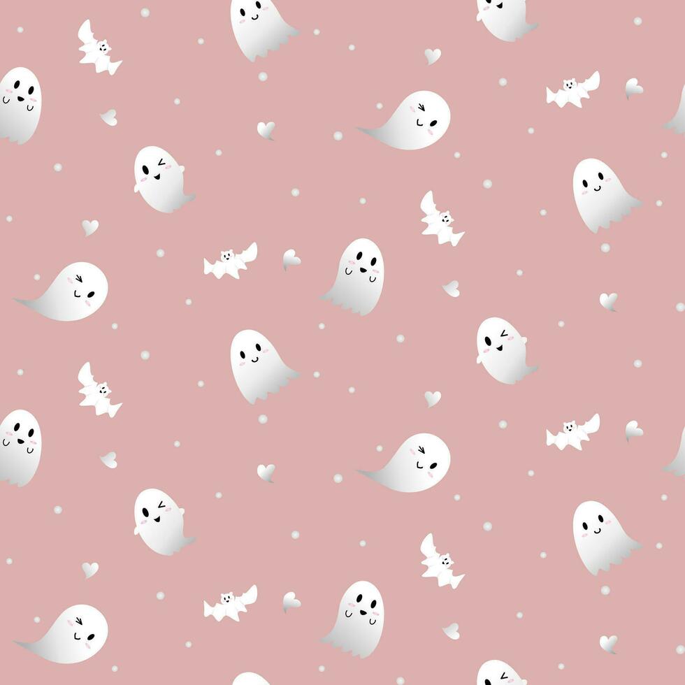 Vector - Abstract seamless pattern of many cute white ghost flying with bat and hearts on pink background. Halloween