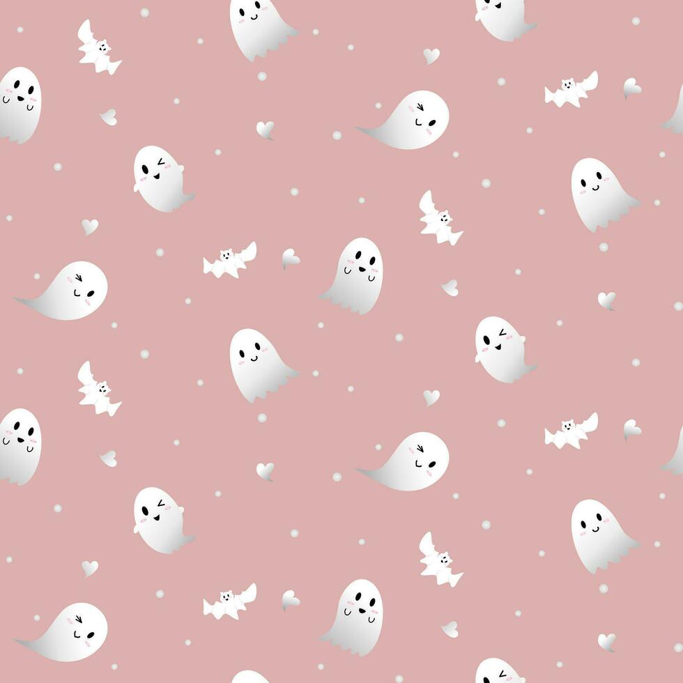 Vector - Abstract seamless pattern of many cute white ghost flying with bat and hearts on pink background. Halloween