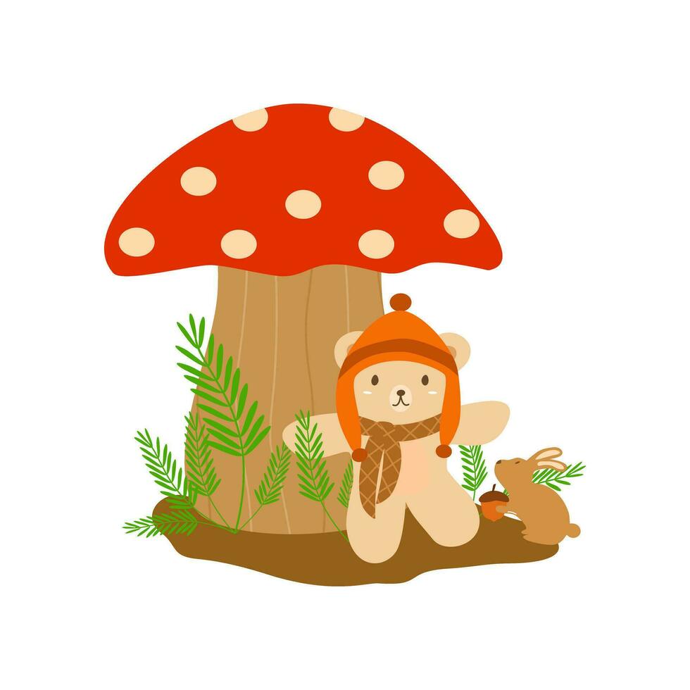 Vector - Teddy bear wearing orange hat and scarf sitting beside red mushroom, rabbit and green leaves.