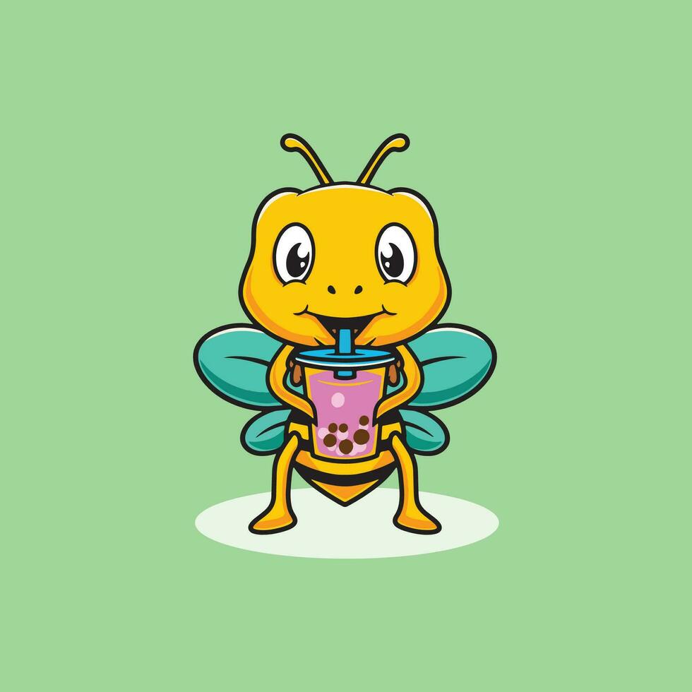 Cute bee drinking boba cartoon illustration vector