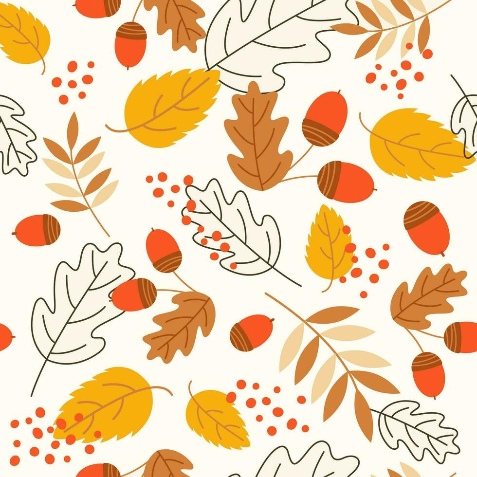 Vector seamless pattern of autumn leaves and acorns.