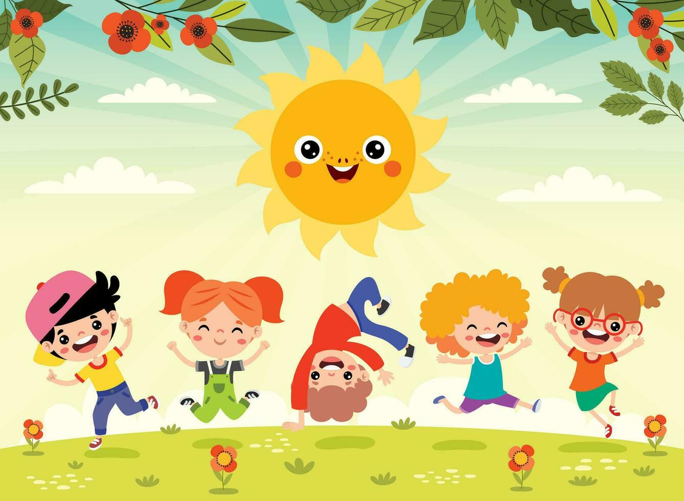 Kids Playing At Nature With Sun vector