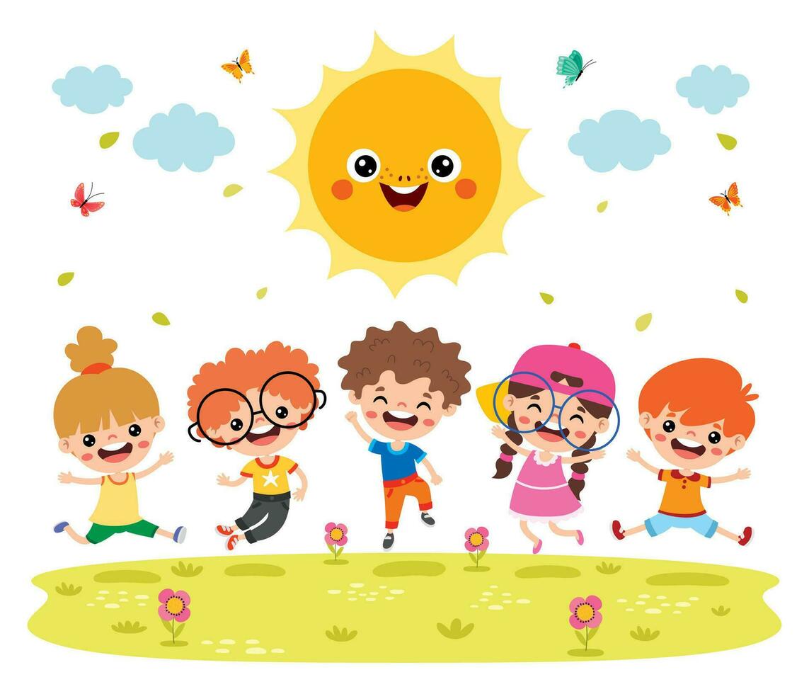 Kids Playing At Nature With Sun vector