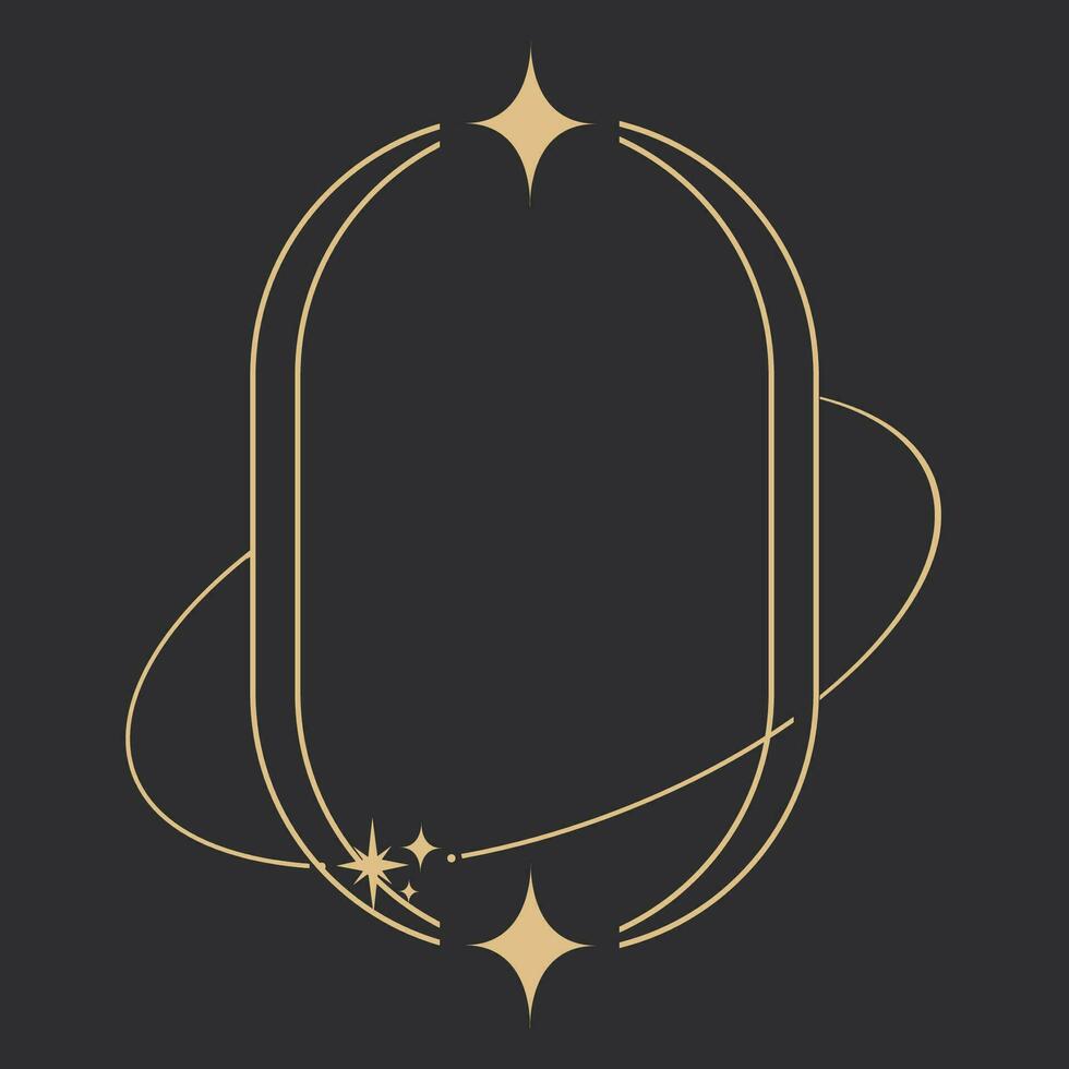 Golden celestial frame, border, arch line art esoteric minimal decoration with sparkles isolated on dark background. Vector illustration