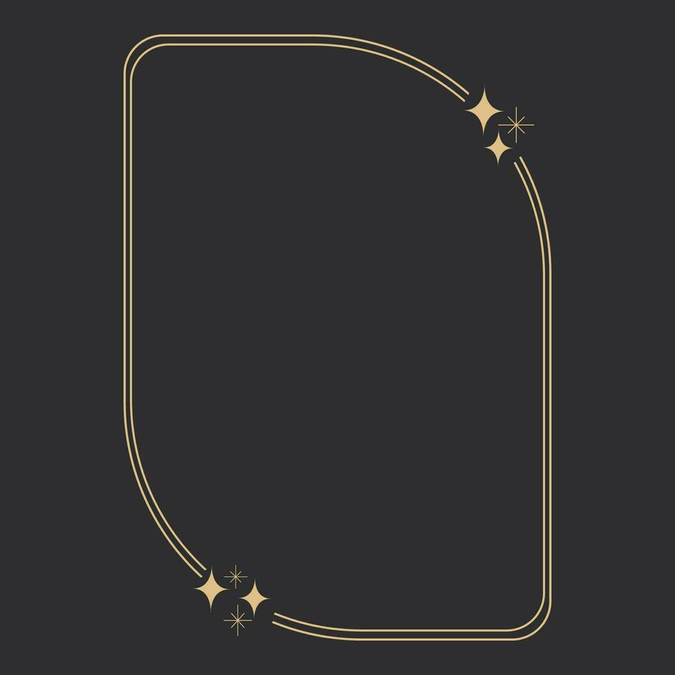Golden celestial frame, border, arch line art esoteric minimal decoration with sparkles isolated on dark background. Vector illustration