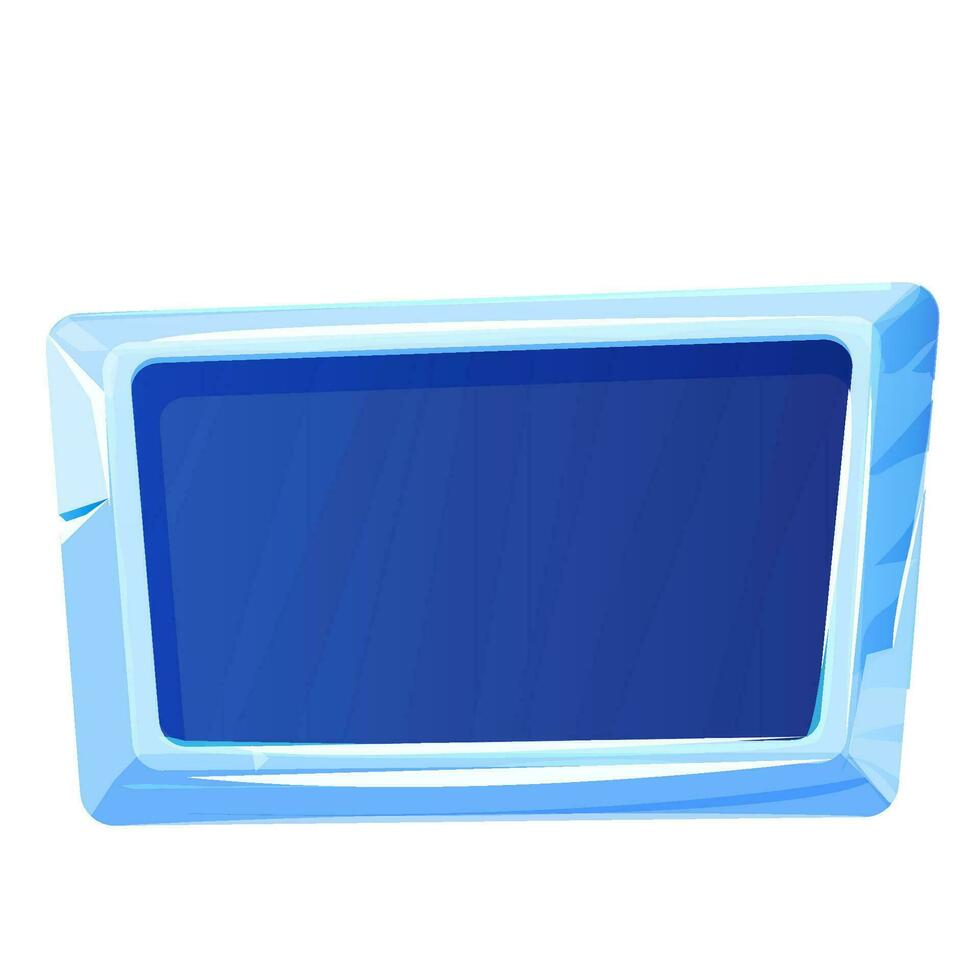 Ice button, frozen frame, level menu in cartoon style isolated on white background. Glass shiny panel, game ui element. . Vector illustration