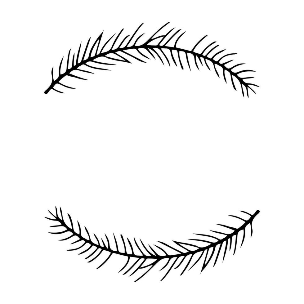 Pine tree branch circle frame in doodle style isolated on white background. Cute border, simple design. Vector illustration