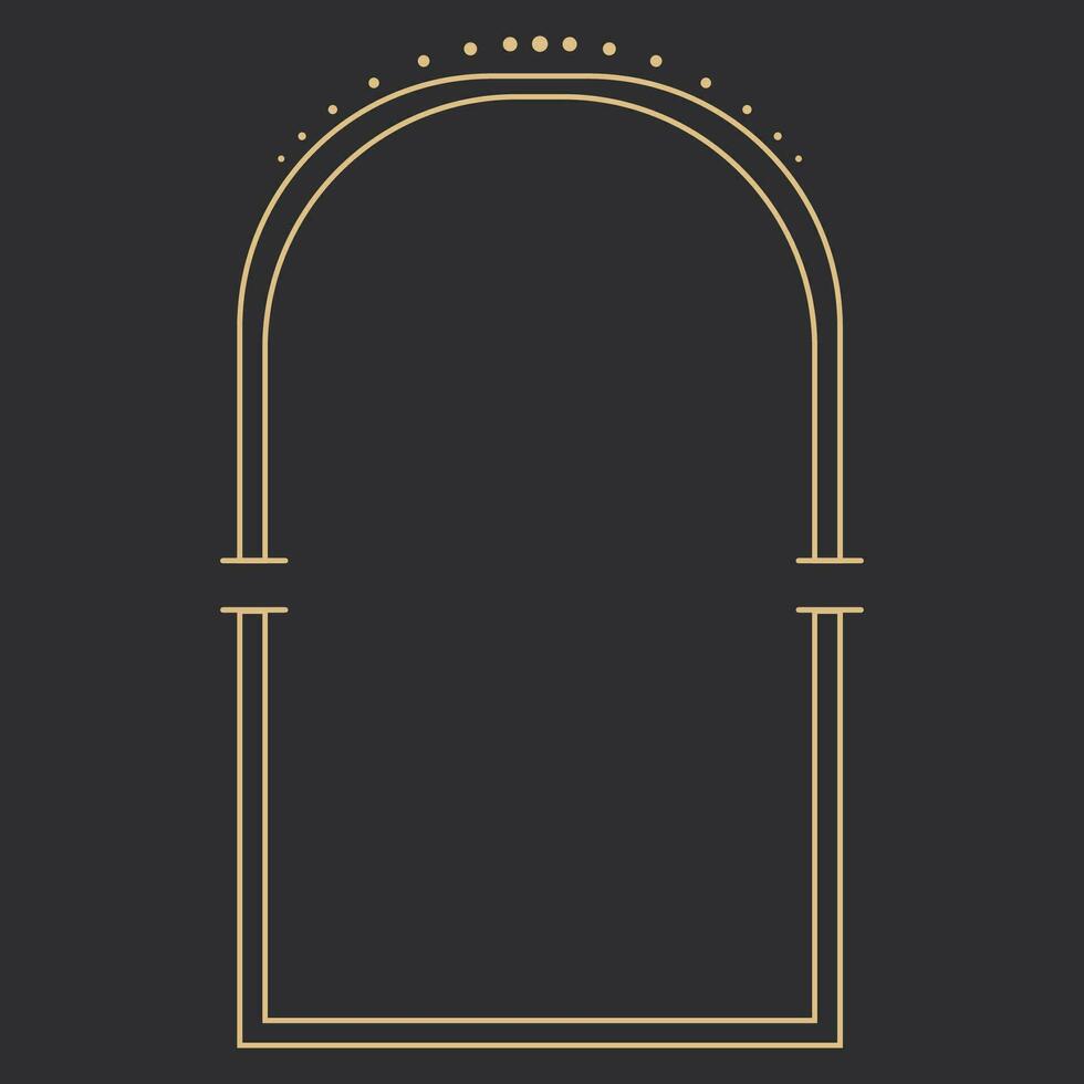 Golden celestial frame, border, arch line art esoteric minimal decoration with sparkles isolated on dark background. Vector illustration