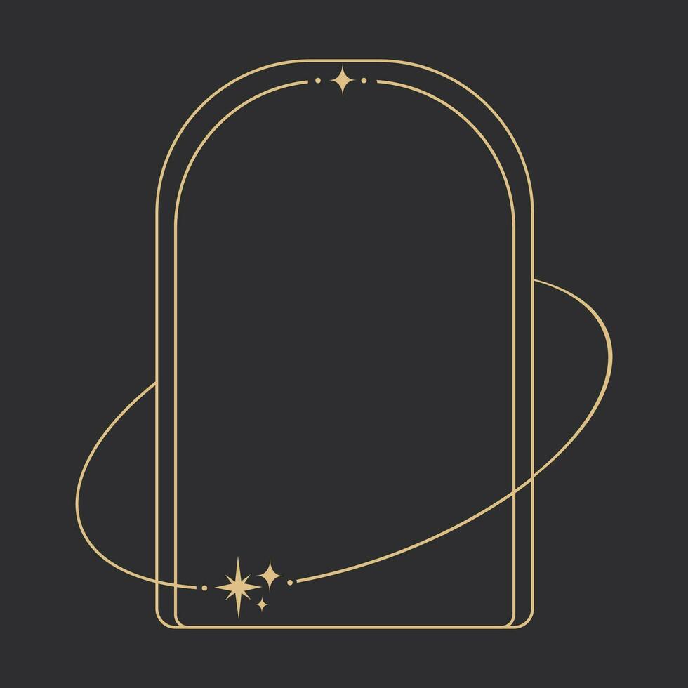 Golden celestial frame, border, arch line art esoteric minimal decoration with sparkles isolated on dark background. Vector illustration