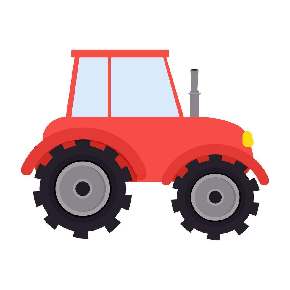 Red farm tractor in cartoon style isolated on white background. Agriculture equipment, country machinery. Childish vehicle, cute, simple. Vector illustration