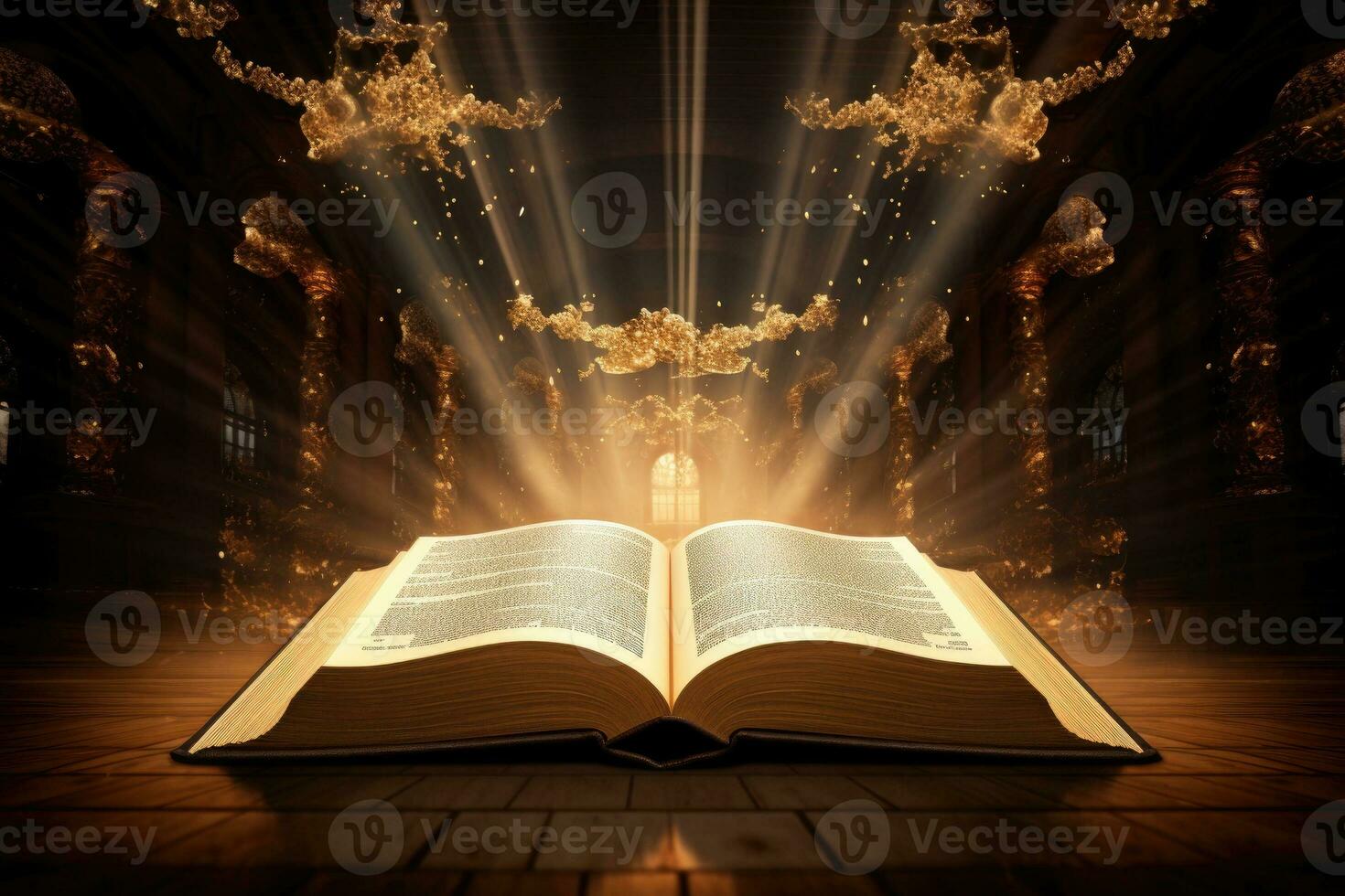 Open holy bible book with glowing lights in church photo