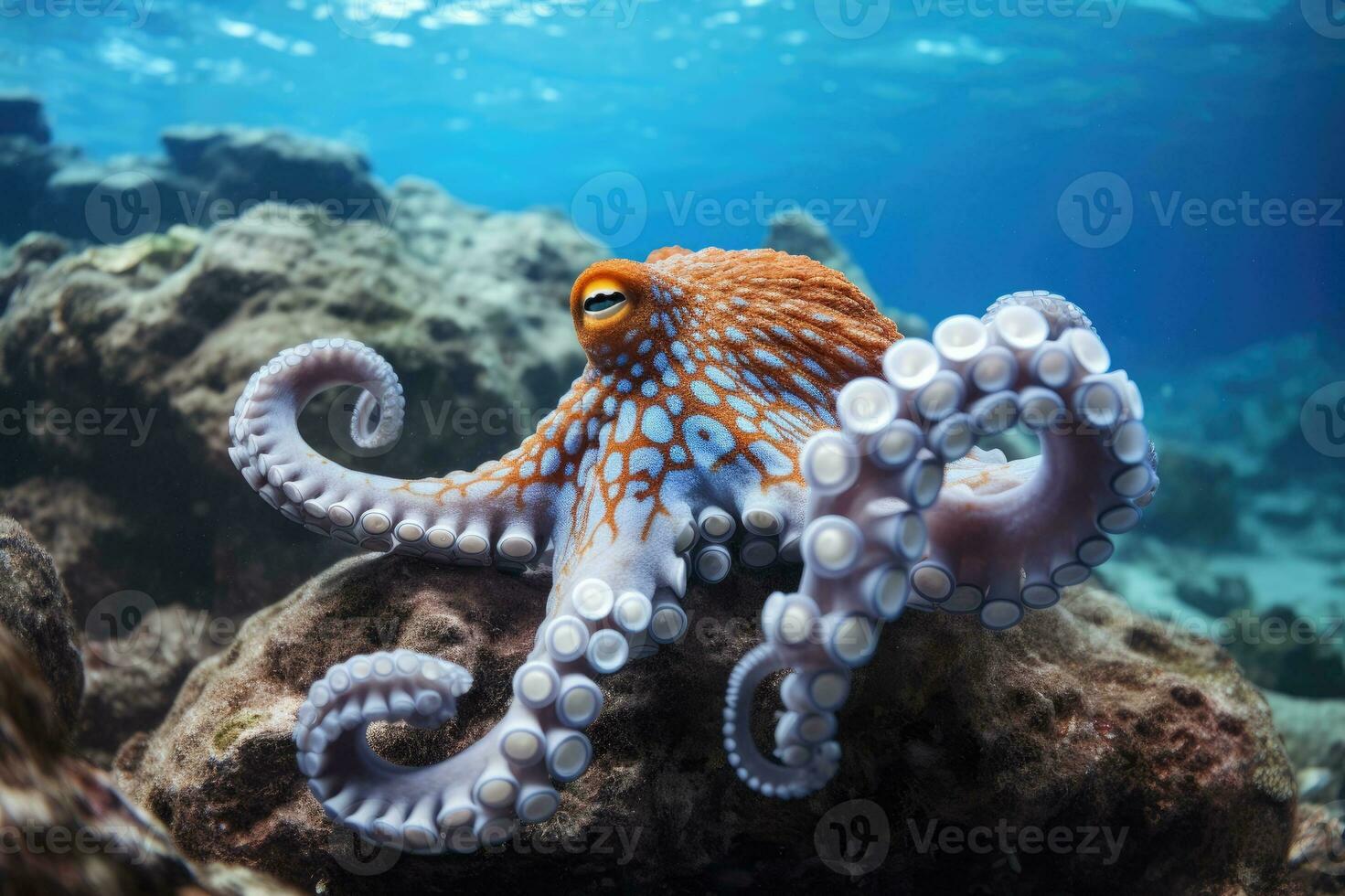 Octopus and coral reef in the sea. Generative AI photo