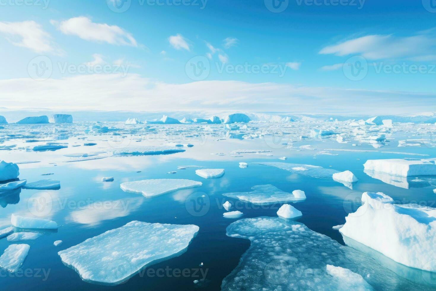 Ice sheets melting in the arctic ocean or waters. Global warming and climate change. Generative AI photo