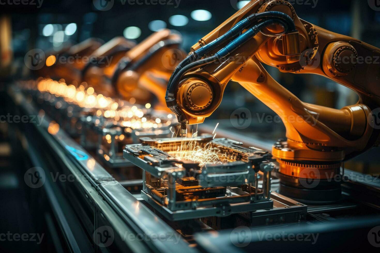 Robotic arm for electronic assembly line. Smart modern factory automation using advanced machines. Generative AI photo
