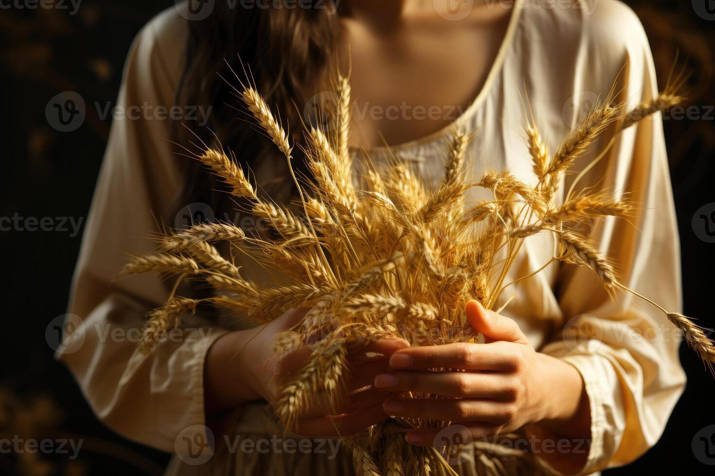 Woman holds an ear of golden wheat. Rural scene. Generative AI photo