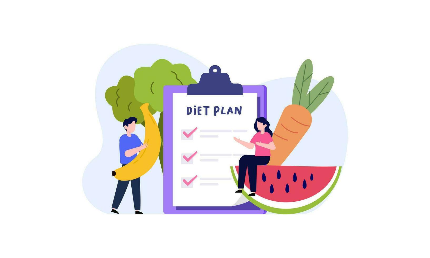 dieta plan Lista de Verificación ilustración. personas haciendo ejercicio, formación y planificación dieta con Fruta y vegetal. vector