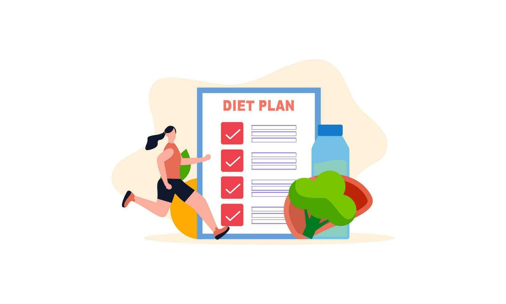Diet plan checklist illustration. People doing exercise, training and planning diet with fruit and vegetable. vector