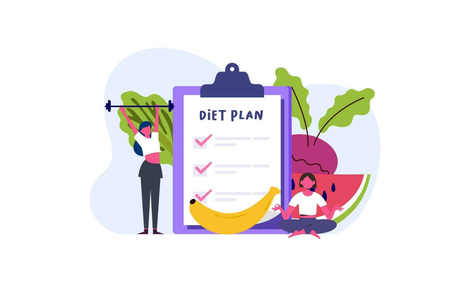 dieta plan Lista de Verificación ilustración. personas haciendo ejercicio, formación y planificación dieta con Fruta y vegetal. vector