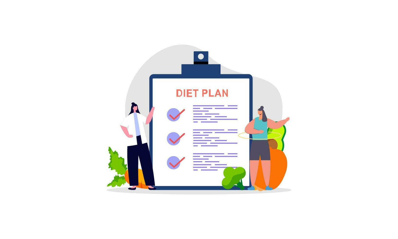 dieta plan Lista de Verificación ilustración. personas haciendo ejercicio, formación y planificación dieta con Fruta y vegetal. vector