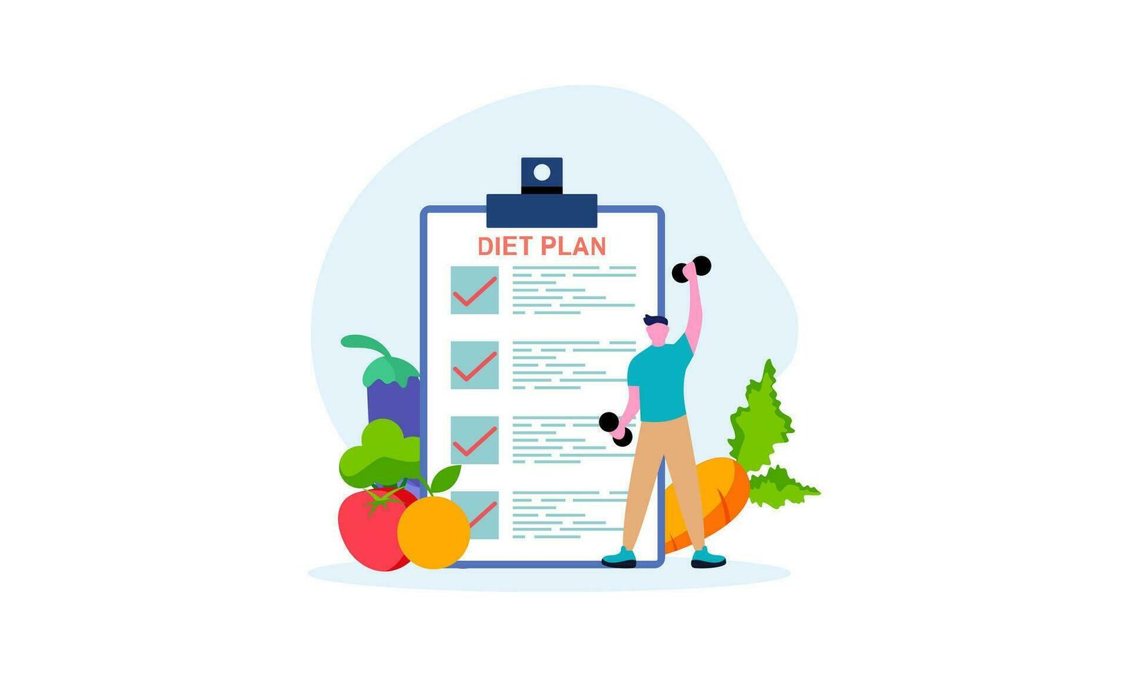 dieta plan Lista de Verificación ilustración. personas haciendo ejercicio, formación y planificación dieta con Fruta y vegetal. vector