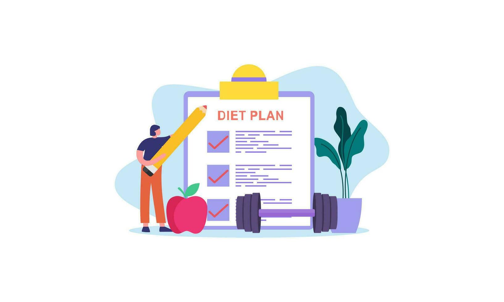Diet plan checklist illustration. People doing exercise, training and planning diet with fruit and vegetable. vector