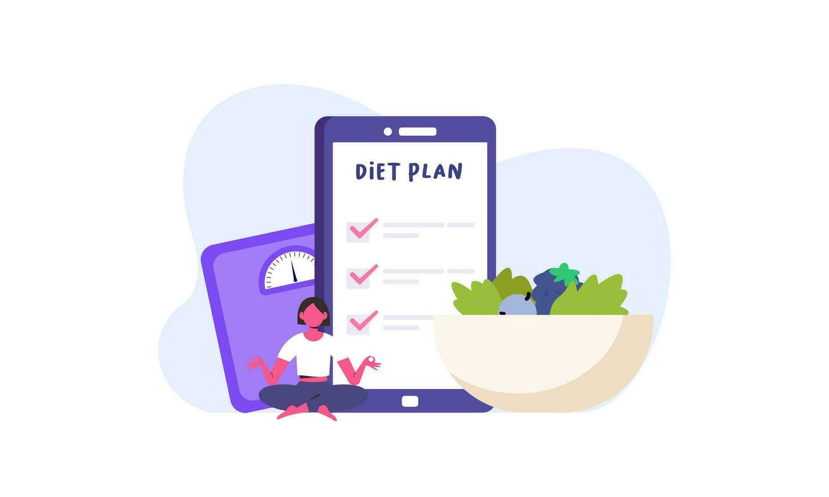 dieta plan Lista de Verificación ilustración. personas haciendo ejercicio, formación y planificación dieta con Fruta y vegetal. vector