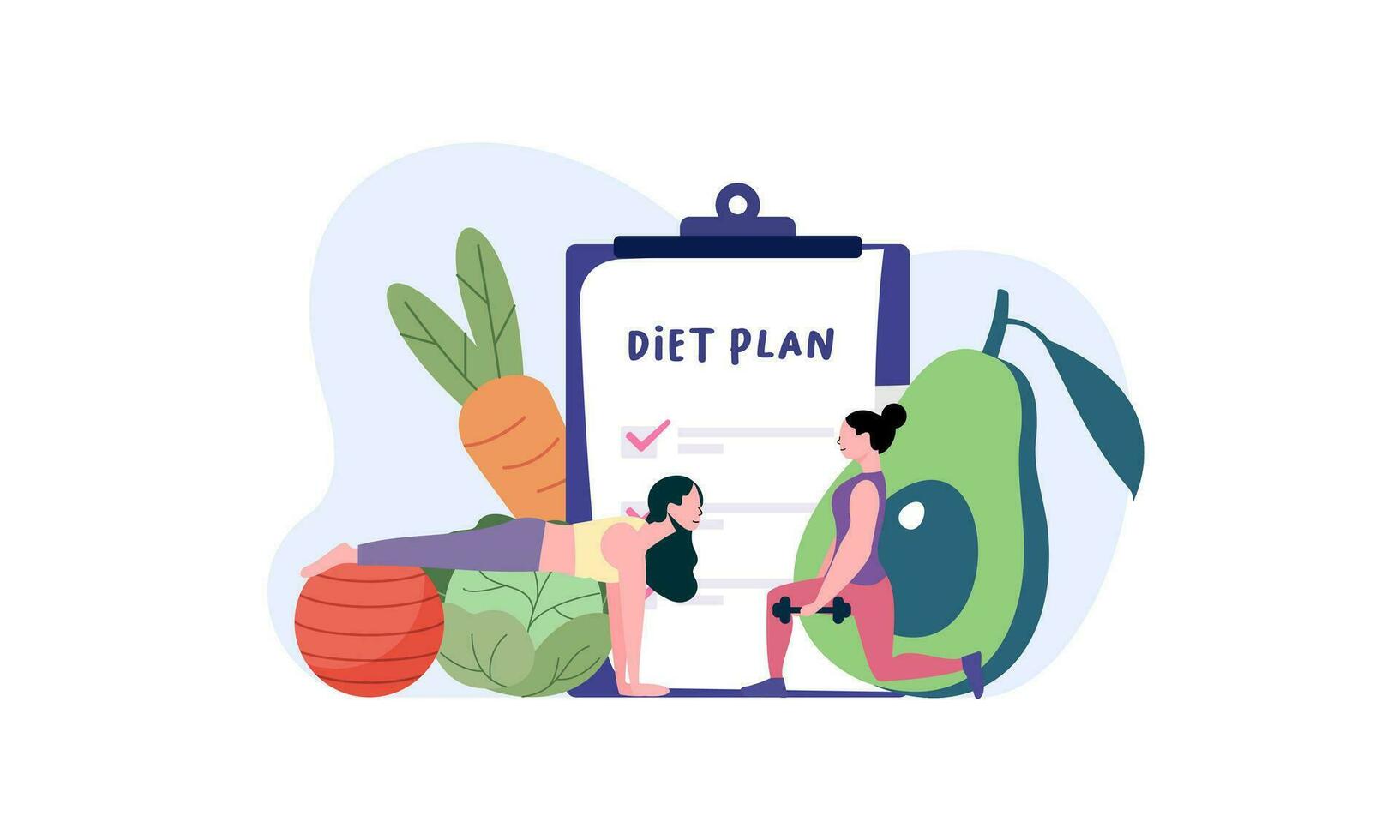 dieta plan Lista de Verificación ilustración. personas haciendo ejercicio, formación y planificación dieta con Fruta y vegetal. vector