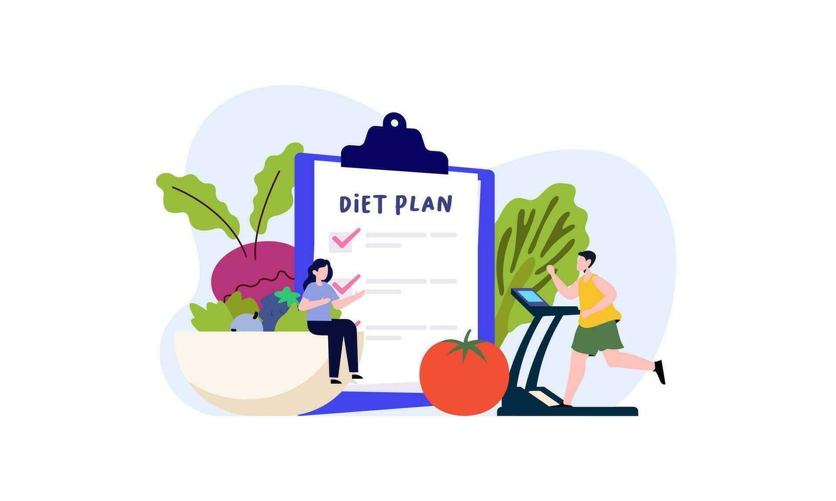 dieta plan Lista de Verificación ilustración. personas haciendo ejercicio, formación y planificación dieta con Fruta y vegetal. vector