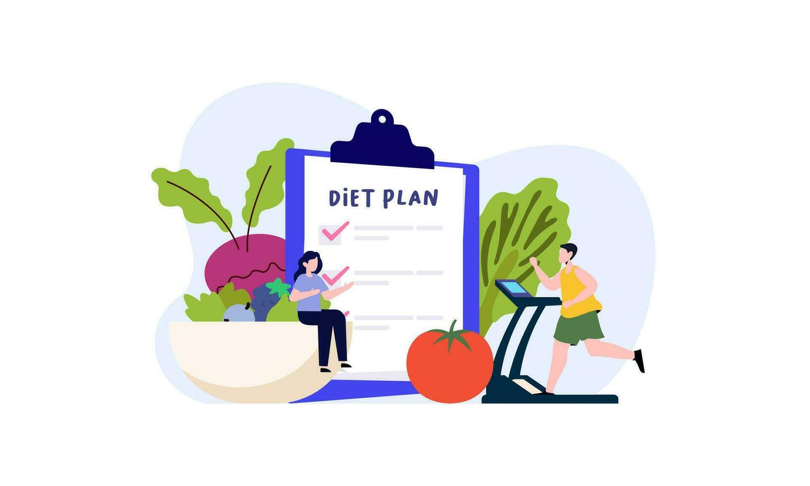 Diet plan checklist illustration. People doing exercise, training and planning diet with fruit and vegetable. vector